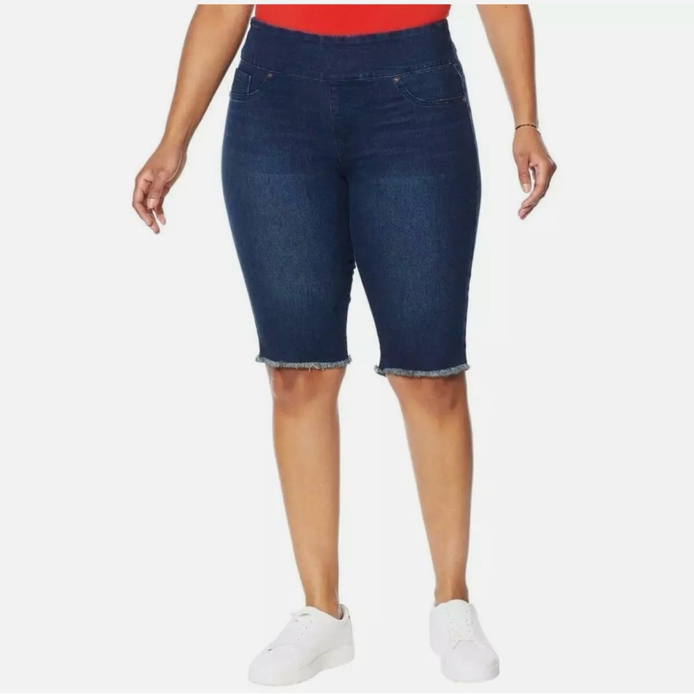DG2 Diane Gilman Indigo Denim Classic Stretch Pull On Bermuda Shorts Women's L - Picture 3 of 10